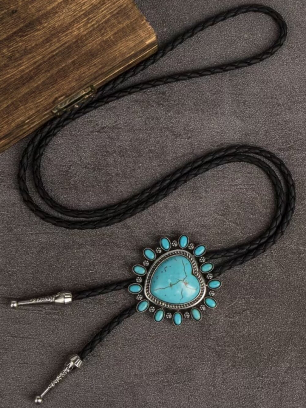 Antique Silver Heart Faux Turquoise Bolo Tie Southwestern Statement Black Rope - Picture 3 of 4